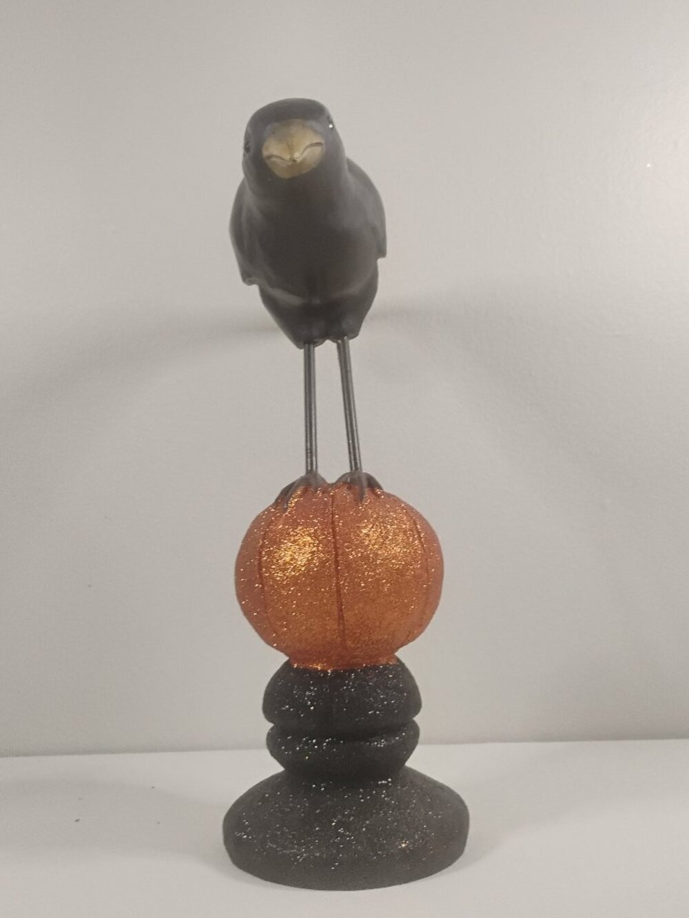 Halloween Decor Black Crow Raven on Glitter Orange Pumpkin Pedestal